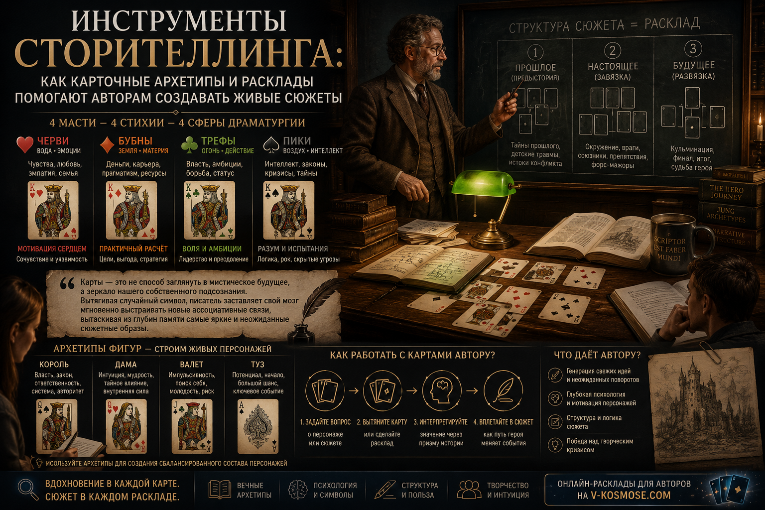 Старинные игральные карты на рабочем столе писателя для генерации сюжета книги
